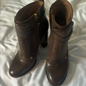 Rich Brown Ankle Booties with Side Zipper and Stacked Heel